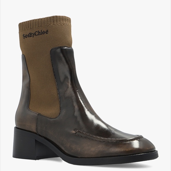 SEE BY CHLOÉ NWOT WOMEN HEELED ANKLE LEATHER BOOTS Size 37. - Picture 7 of 9